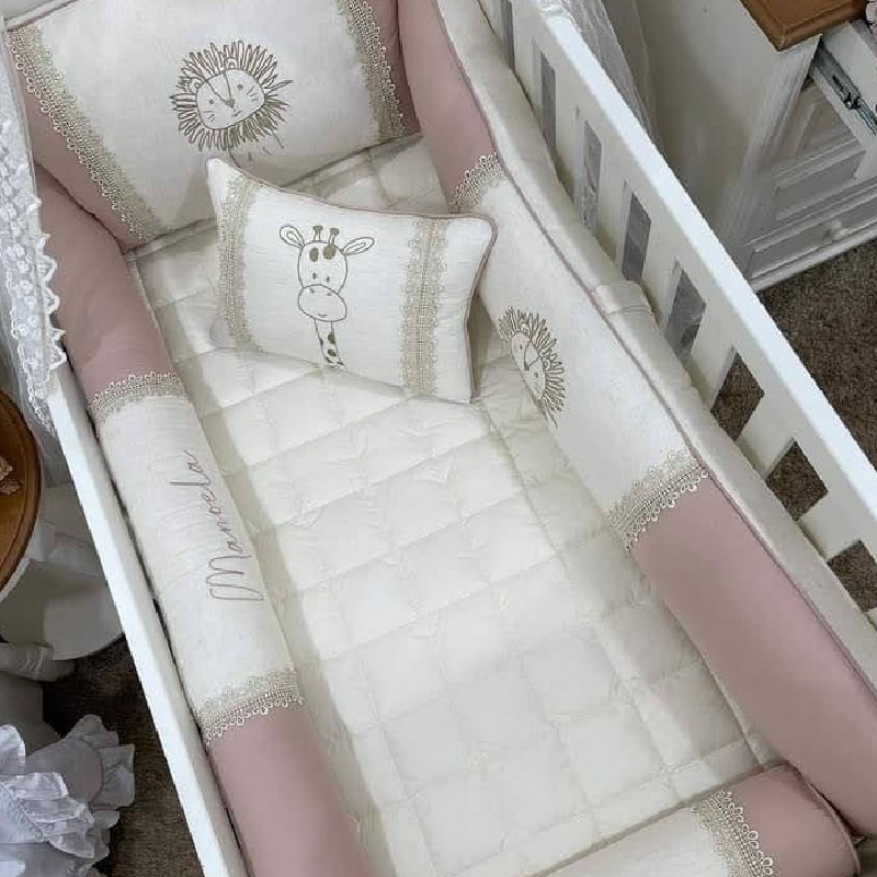 set de cuna para niña en blanco rosa personalizado animales en Lima Perú
