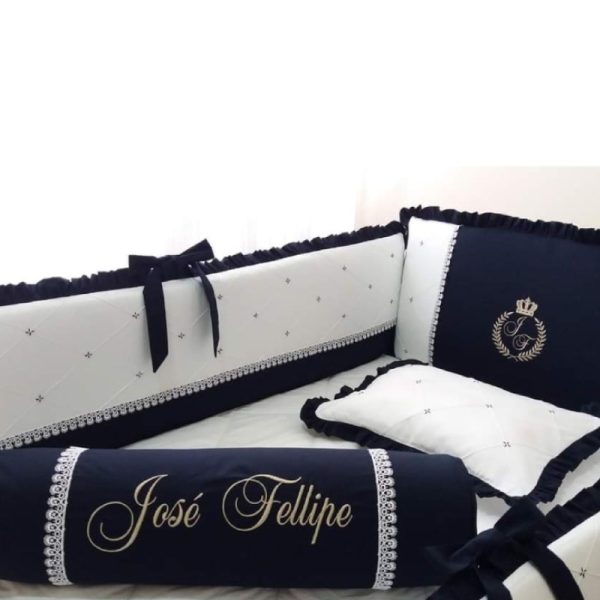 set de cuna para niño azul y blanco personalizado con protectores clásicos en Lima Perú