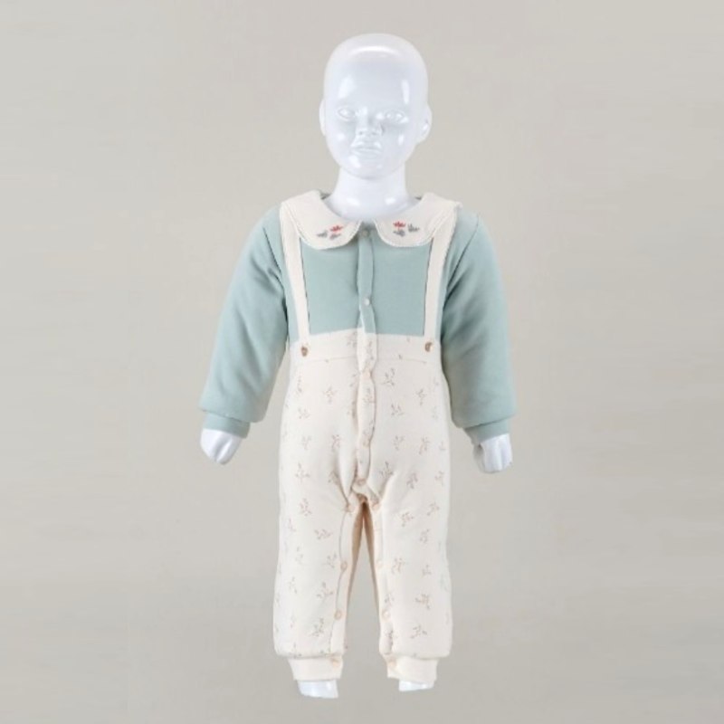 enterizos de algodón acolchado para bebé 9 24 meses con parte superior en rosa pastel y verde menta, y parte inferior blanca/crema con patrón de puntos, simulando tirantes con botones y un cuello blanco bordado con flores, ideal para el invierno de Perú
